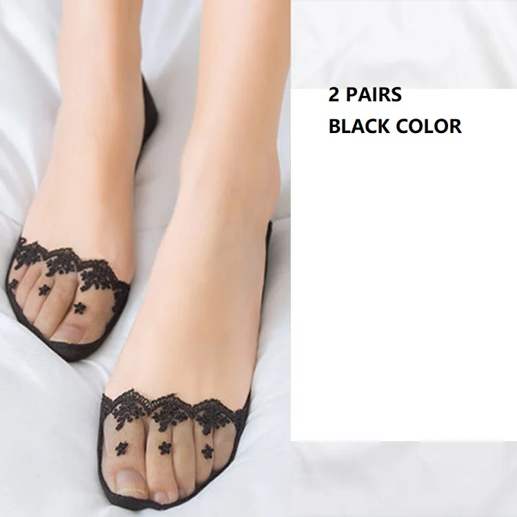 2 Pairs Black 4 пары прозрачных коротких кружевных носков женские летние открытые носки-башмачки женские мягкие низкие невидимые нескользящие носки Ped - Цвет: 2 Pairs Black