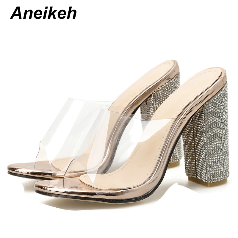 champagne Aneikeh/женские босоножки на высоком каблуке; летние туфли на платформе с квадратным каблуком, украшенные кристаллами; женские пикантные вечерние свадебные туфли на шнуровке - Цвет: champagne