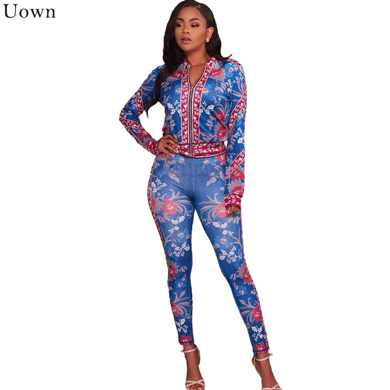

2018 Vintage Print Two Piece Sets Tracksuit for Women Long Sleeve Zipper Jackets and Pants Suits Sweat suits Fitness Autumn