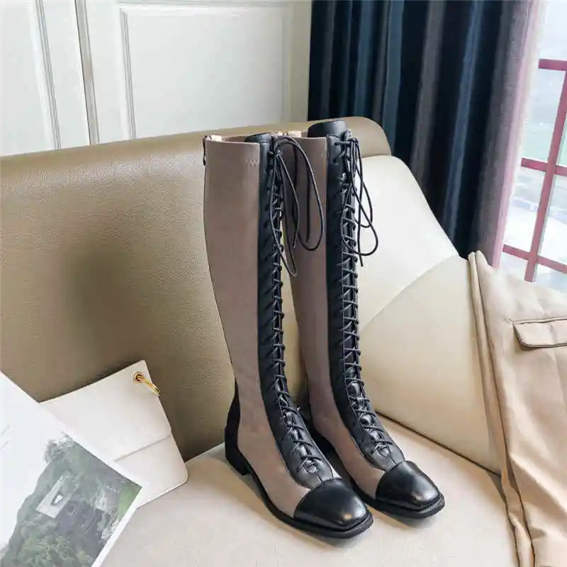 ASUMER new arrive genuine leather boots zipper&lace up high knee boots women shoes square low heels winter boots