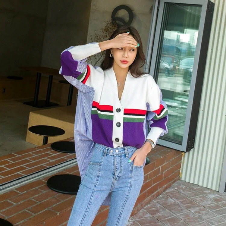 SuperAen женский свитер в Корейском стиле, пальто с v-образным вырезом, с длинными рукавами, в полоску, осень, женский свитер, модные повседневные топы
