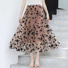 Fleur maille doux femmes jupes élastique Wasit Multi couche une ligne Midi jupes 2020 printemps été vêtements