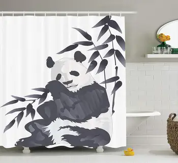 

Animal Decor Shower Curtain Giant Panda Bear Sitting in Zoo Traditional Chinese Painting Style Monochromic Picture Fabric Bath