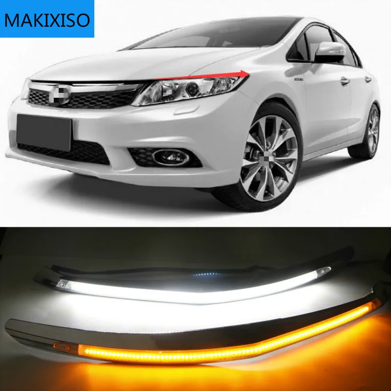 

For Honda Civic 2011-2015 LED Headlight Eyebrow Water Flowing Daytime Running Light DRL With Yellow Signal