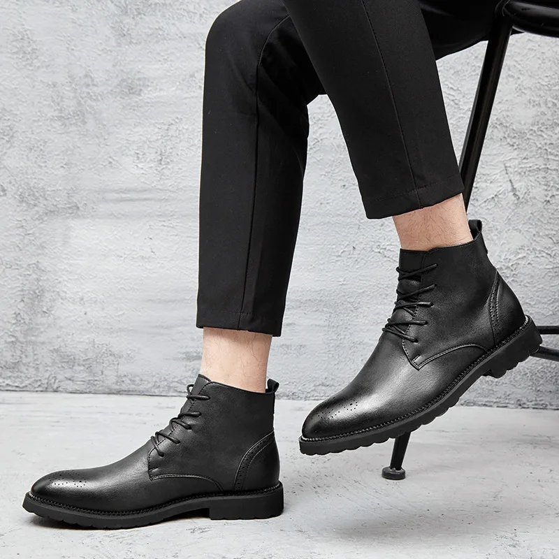 

MEN'S Shoes Autumn High Shoes MEN'S Short Boots Lace-up Elevator Leather Boot England Cowhide Martin Boots Men's Boots