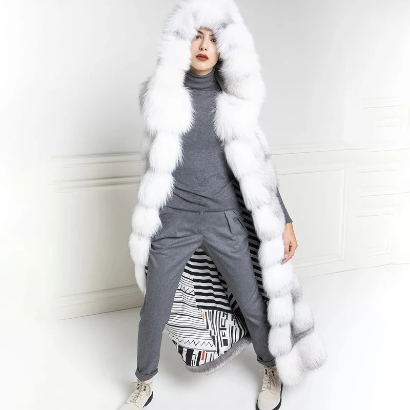 

Tatyana 2019 Real Fox Fur Jacket Women Winter Thermal Hood Sleeveless Coat High-Grade Slim Long Vest Customize For Female
