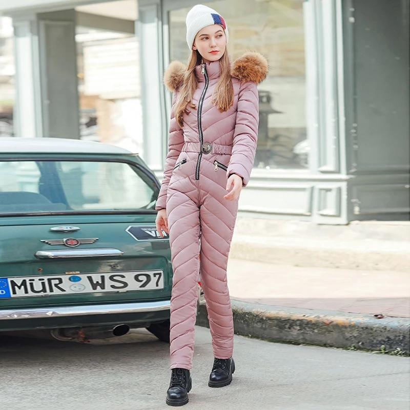

Fashion Winter Hooded Jumpsuits Big Fur Parka Cotton Padded Warm Sashes Ski Suit Straight Zipper Women Casual Tracksuits New