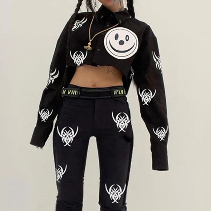 

Harajuku Smiley Print Blouses Mall Gothic Long Sleeve Cool Cropped Tops Women Streetwear Punk Loose Casual Sexy T Shirts