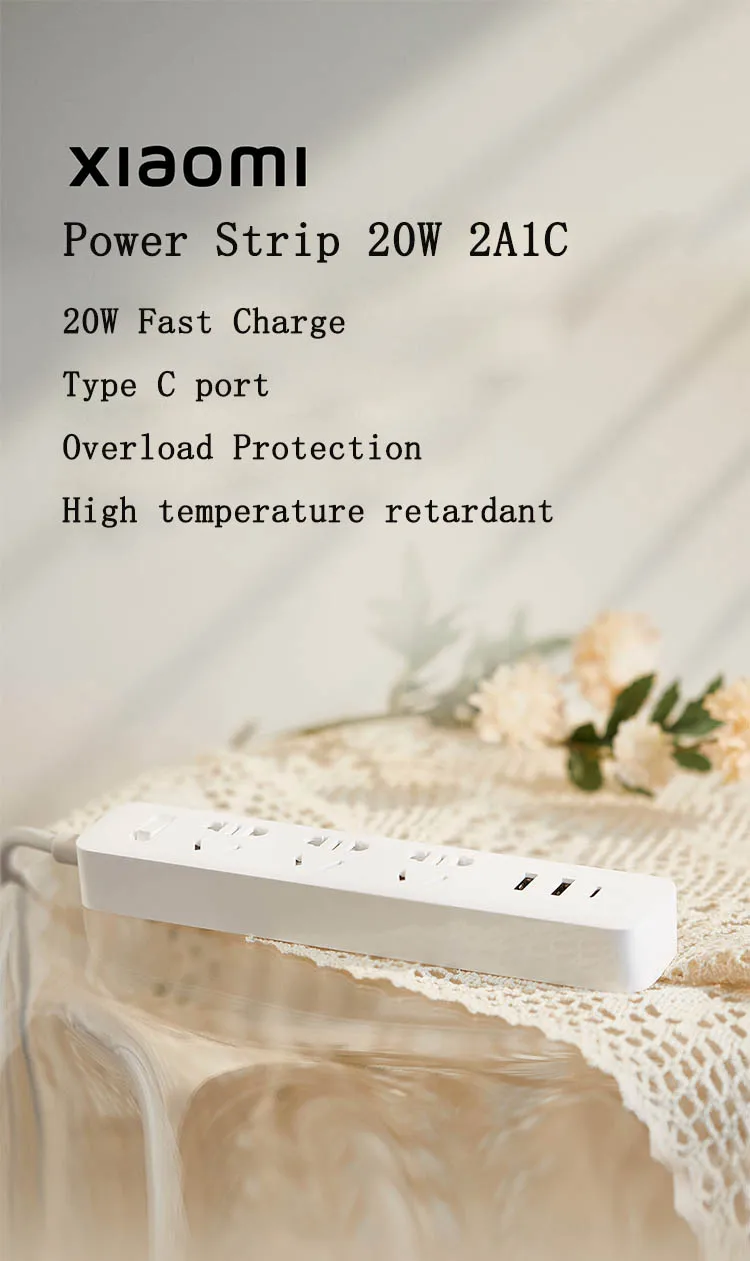 NEW Xiaomi Mi Mijia QC3.0 20W Fast Charging Power Strip 2A1C + 3 Sockets Standard Plug Interface Extension Lead 1.8m Удлинитель