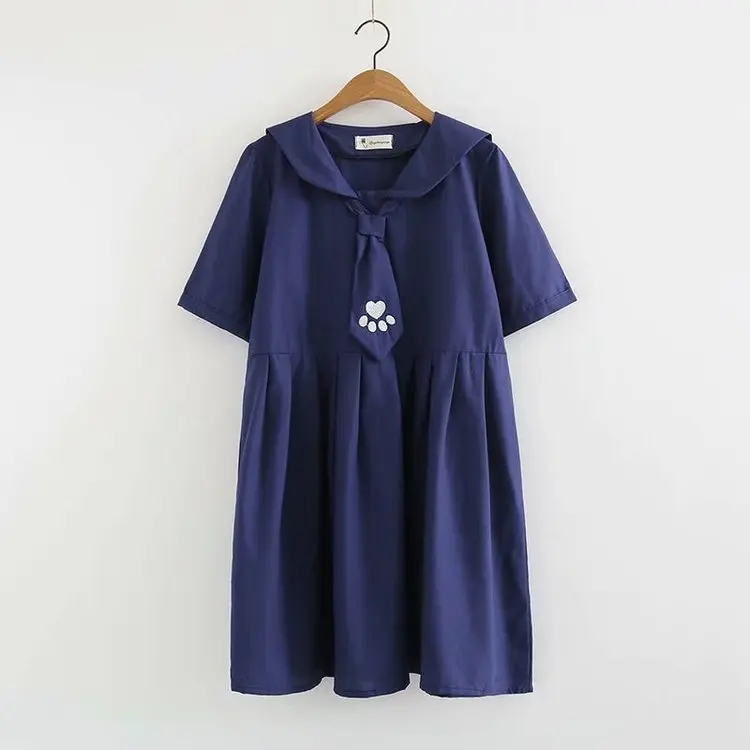 

S23614 Summer WOMEN'S Dress Navy Style Mid-length Loose-Fit Slimming Short Sleeve Navy Collar Embroidered CAT'S Paw Dress