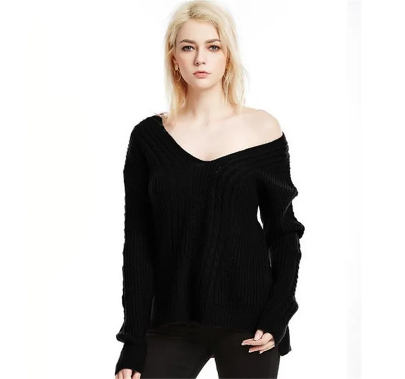 

2019 Autumn Winter Women sexy V-neck Pullover Sweater Lazy oaf Loose Solid Color Casual Sweater Oversize Black pink Pullovers