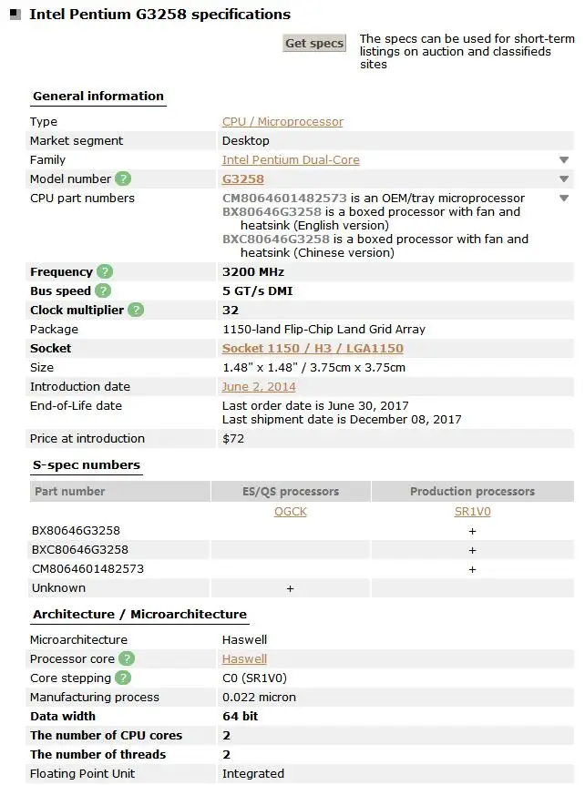 Процессор Intel G3258 LGA 1150 22 нанометра 53 Вт двухъядерный работающий правильно настольный процессор протестирован рабочий