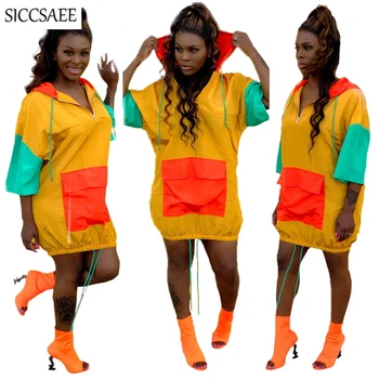 

Contrast Color Patchwork Hoody Casual Dress Mini Streetwear Loose Ropa Mujer Ruched Hip Hop Bestidos Pockets Hippie Moleton 2019