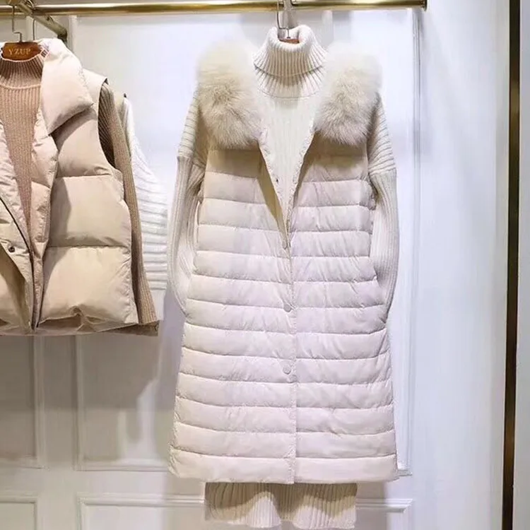 New Style Korean-style Fox Large Fur Collar Hooded down Vest Light& Fashionable Mid-length Waistcoat