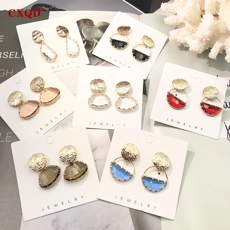 

CXQD Personality Dangle Drop Earrings For Women Alloy Gold color Transparent Glass Drop Earrings Brincos Fashion Crystal Jewelry