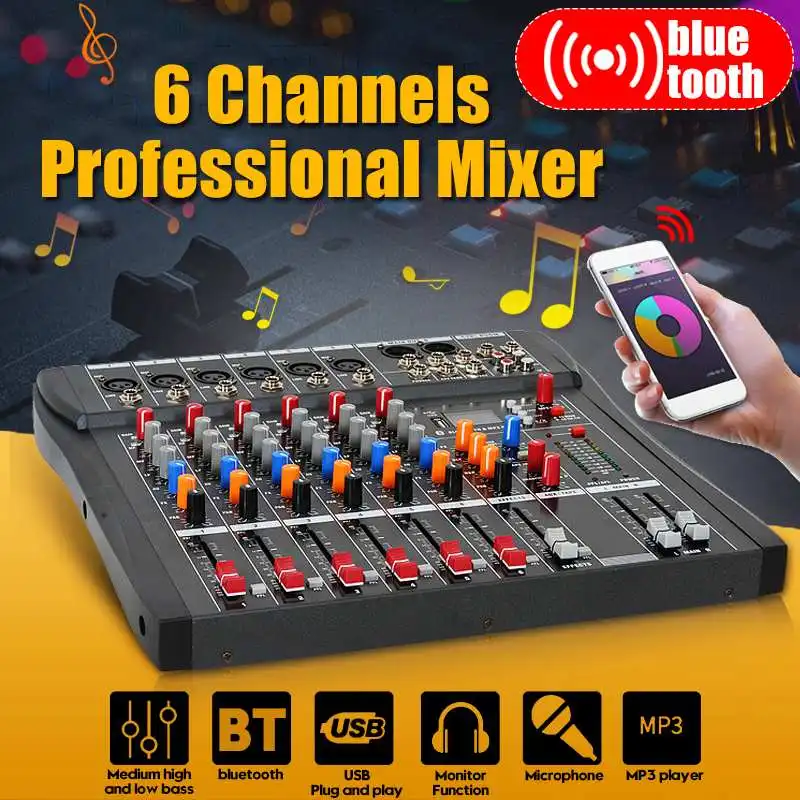 

Professional 6 Channels Studio Audio Mixer bluetooth USB Digital DJ Sound Mixing Console 48v Phantom Powers Monitor Amplifier
