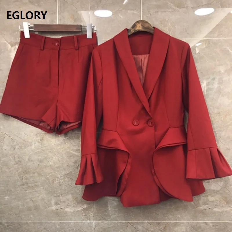 

High Quality Blazer Sets 2019 Autumn Fashion Jacket Suit Women Notched Collar Double Breasted Blazer Jacket+Black Wine Red Short