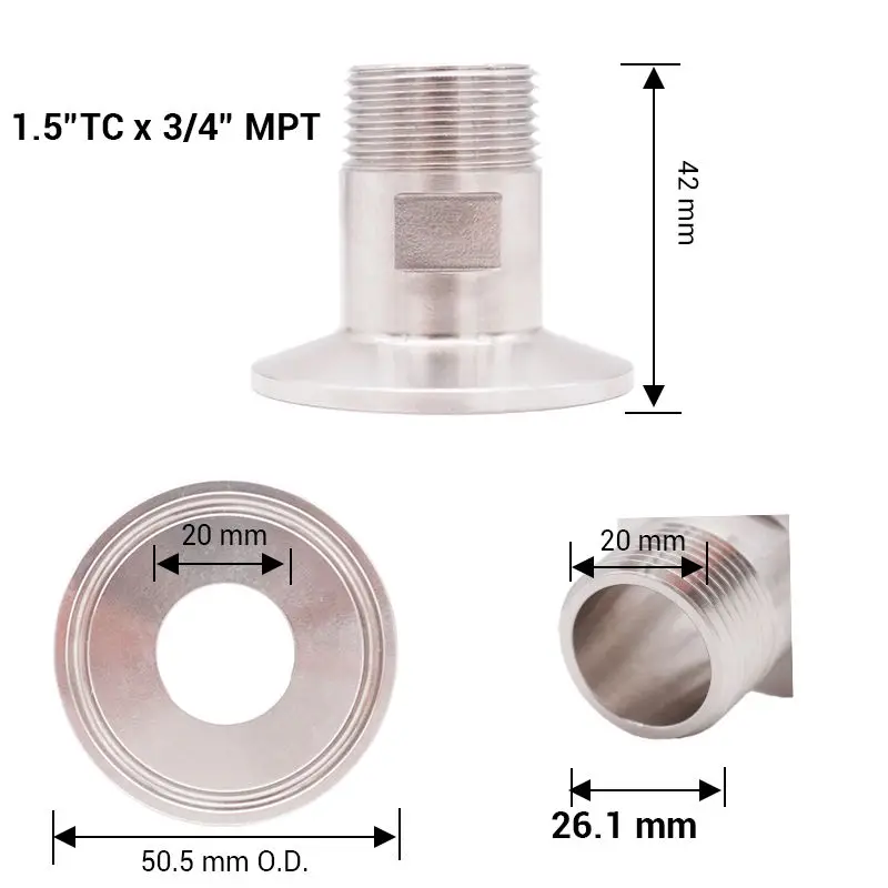 1," TC x 3/4" Мужской NPT, SS304, 3A стандарт, Homebrew Клевер фитинг, пивоваренное оборудование, санитарное оборудование