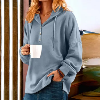 여성 경량 후드 캐주얼 버튼 V 넥 드로스트링 단색 풀오버 후드 스웨터, Sudaderas Mujer A40