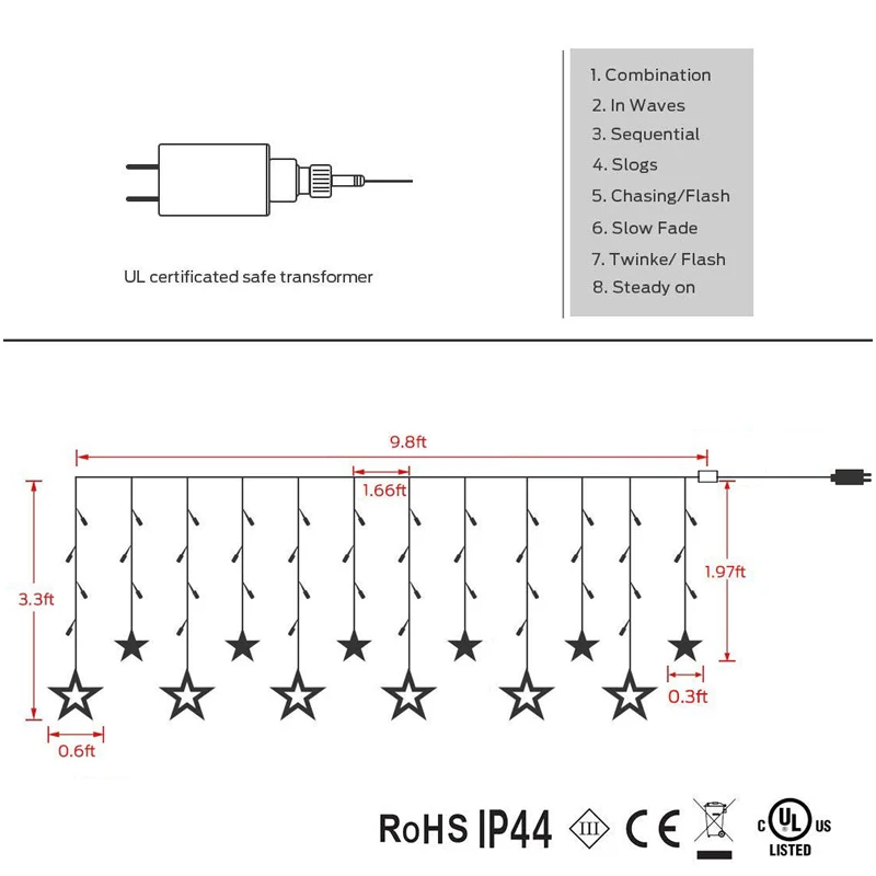 Гирлянды для занавесок с американской вилкой 10ft x 3.3ft 138LED 12 Star 8 мигающих режимов рождественские, свадебные, вечерние украшения для штор