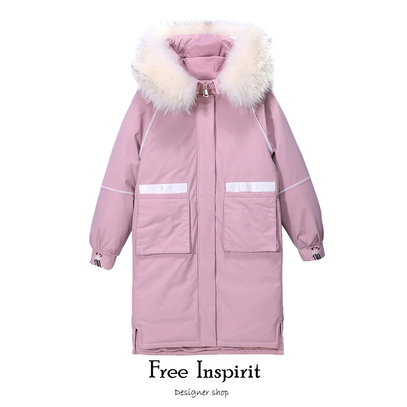 

Winter Streetwear Women's Long Coat Candy-colored Fur Collar Thick Embroidered Pattern Down Cotton Padded Parkas Cotton Jacket