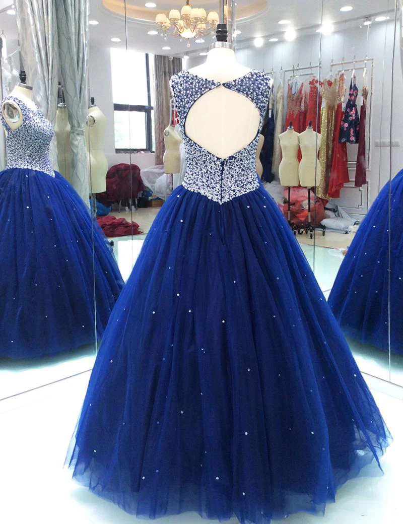 Темно-синее бальное платье Бальные платья вышитое бисером Тюлевое милое 16 платье vestido de festa платья для выпускного вечера с открытой спиной платье для дня рождения