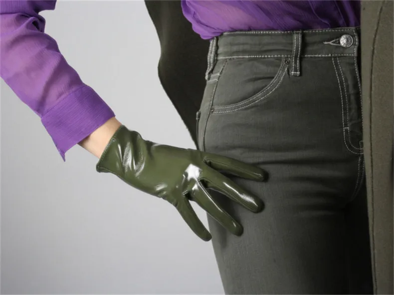 Новый 2019 Лакированная кожа женские перчатки искусственного натуральная кожа синтетическая кожа PU Армейский Зеленый Женские варежки 50 см P44