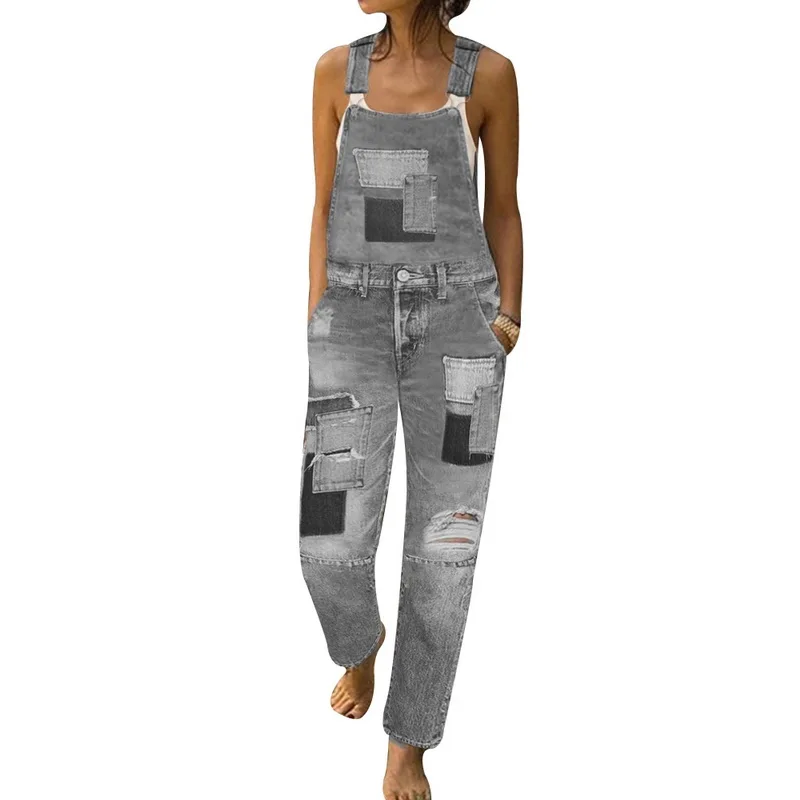gray 1 Laamei, женские джинсы с цветочным принтом, модные женские джинсы, Осенние, на бретелях, с вырезом, светильник, с потертыми карманами, комбинезоны, джинсовые штаны - Цвет: gray 1