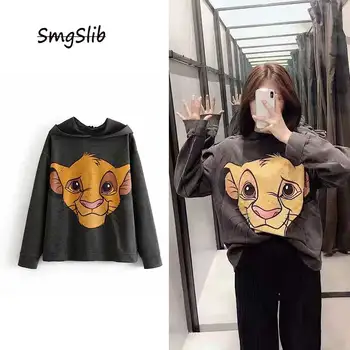 

Winter Hoodies Women High Street Vintage Cartoon lion printing oversize hooded sweatshirt 2019 women pullovers tops