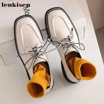 

Lenkisen genuine leather European preppy style solid round toe med heels lace up women daily wear fashion comfortable pumps L59