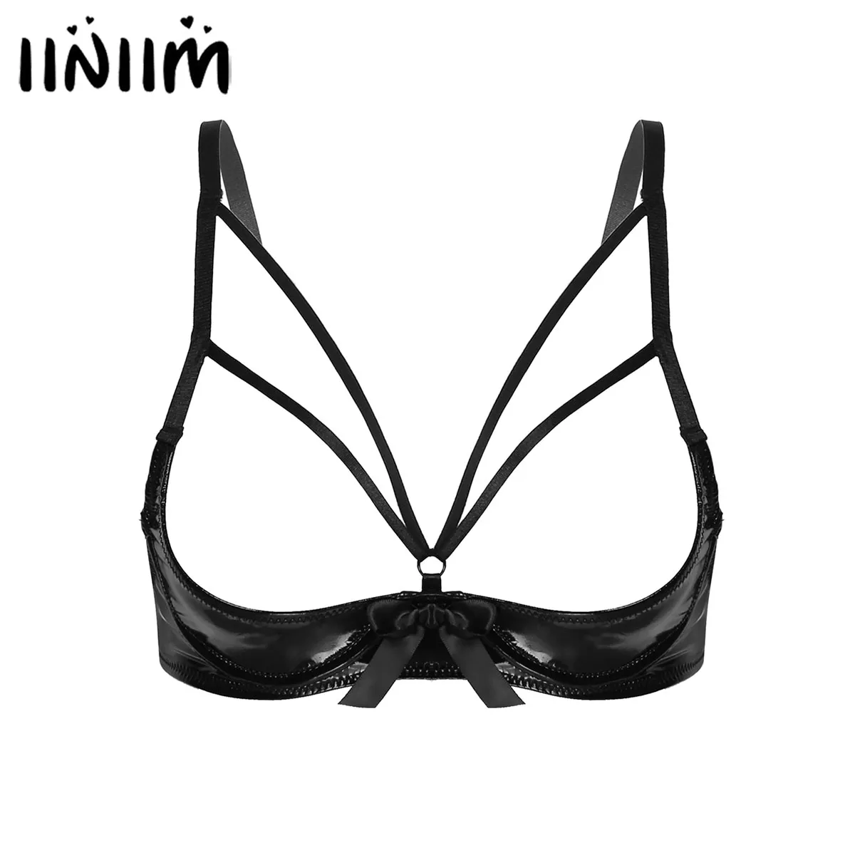 

iiniim Womens Exotic Bra Tops Open Cup Crop Top Leather Bowknot Underwired Adjustable Strap Brassiere Sissy Lingerie Nightwear