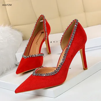 

Elegant Rhinestone High Heels Women Pumps suede Pointed Toe Wedding Shoes Women hollowed-out Crystal Party Shoes Women H53