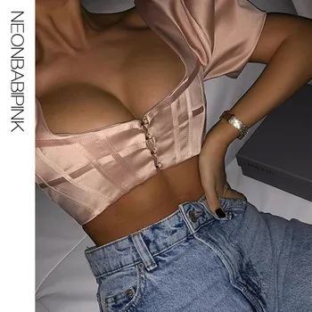 

NEONBABIPINK Fashion Vintage Puff Sleeve Corset Blouse Shirt Women Tops Party Night Club Sexy Crop Top Ladies Clothes N55-I97