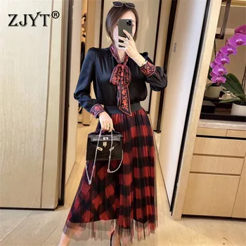

2020 New Summer Designer Skirt Set for Women Matching Sets Elegant Bow Collar Vintage Plaid Two Piece Top and Skirts Suit Sets