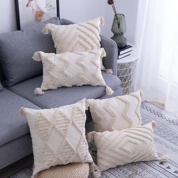 

New Tassels Cushion Cover 45x 45cm/30x50cm Beige Pillow Cover Handmade Square Home Decoration for living Room Zip Open