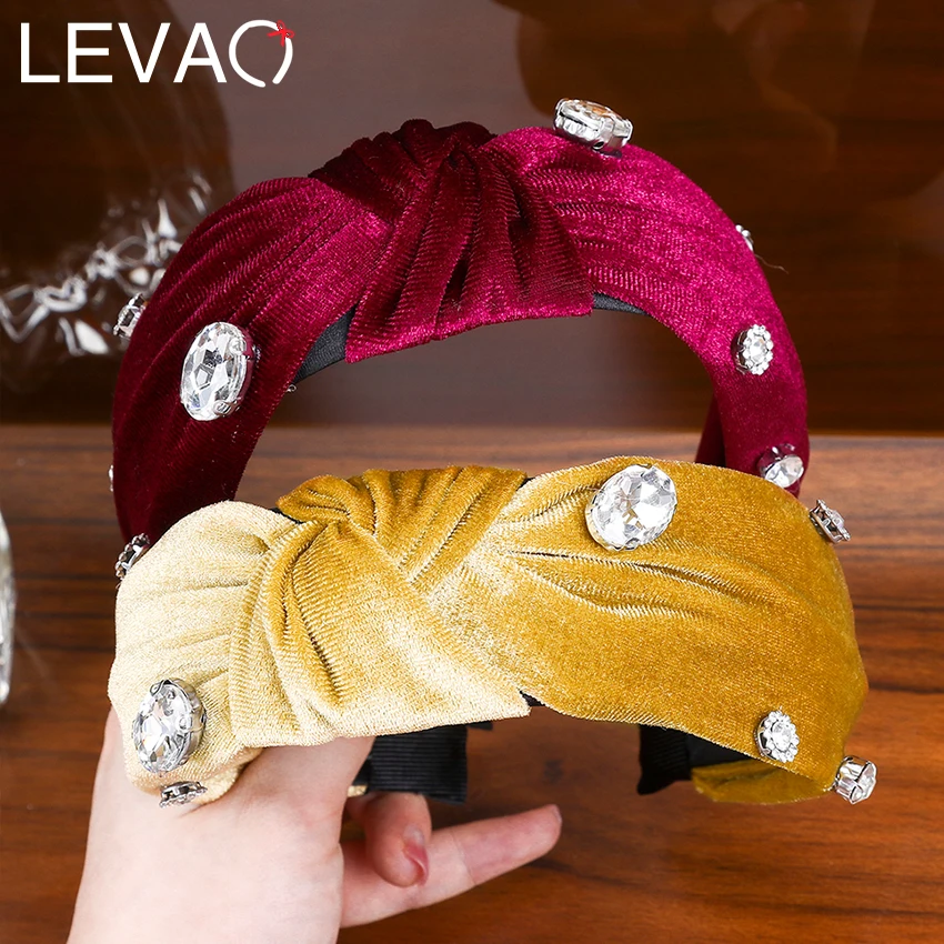 

Levao Oversize Rhinestone Knotted Headband Wide Velvet Hairband Hair Hoop Solid Color Cross Twist Headbands for Women Headwear