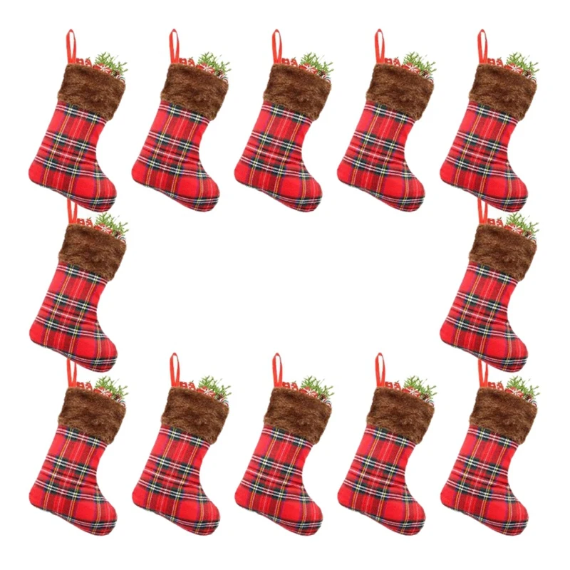 

Promotion! Christmas Stockings 12 Pack, Small Rustic Plaid Faux Fur Xmas Tree Decorations Bulk, Gift Card Holders Cash Bags Holi