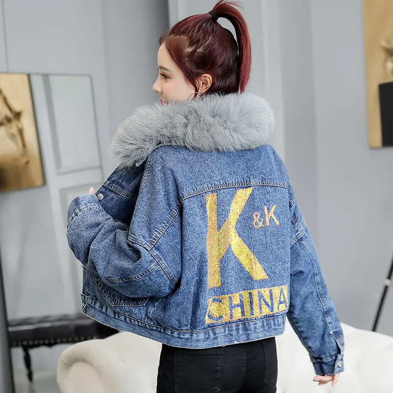 

2019 Winter New Style Korean-style Shiny Lettered Brushed And Thick Lambs Wool Large Fur Collar Cowboy Cotton Overcoat Women's
