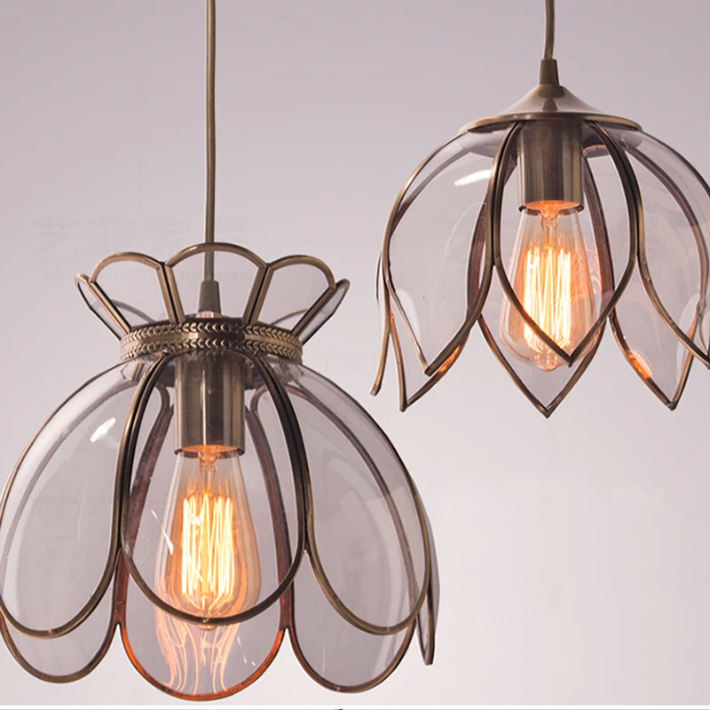 

Classical All Copper Lotus Pendant Lights Individual High Quality Coloured Glass Children's Room Bedroom Bedside Glaze Droplamp