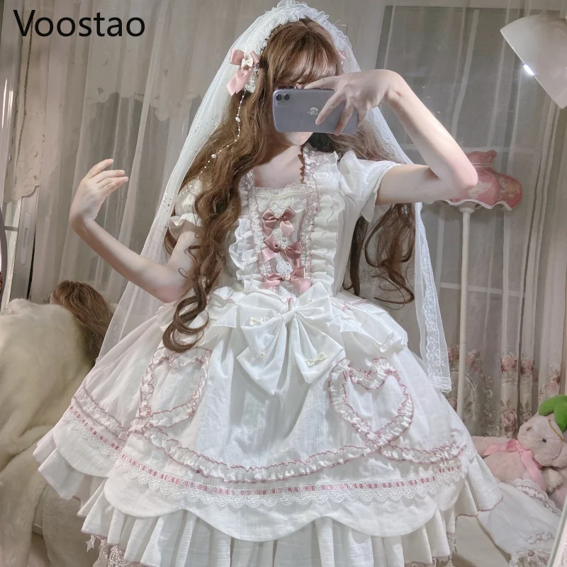 Sweet Chic Lolita Princess OP Dress Vintage Elegant Bow Lace Ruffles Pearls Flowers Wedding Party Dress