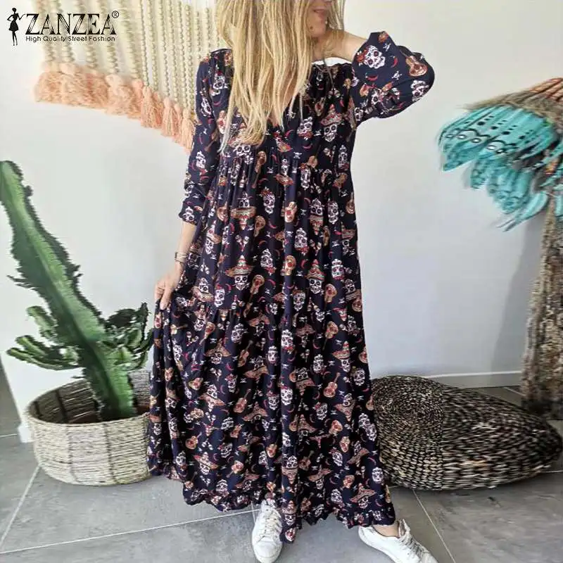 

ZANZEA Women V neck Long Sleeve Skull Printed Sundress Casual Party Dress Autumn Kaftan Robe Vestido Loose Halloween Dresses 5XL