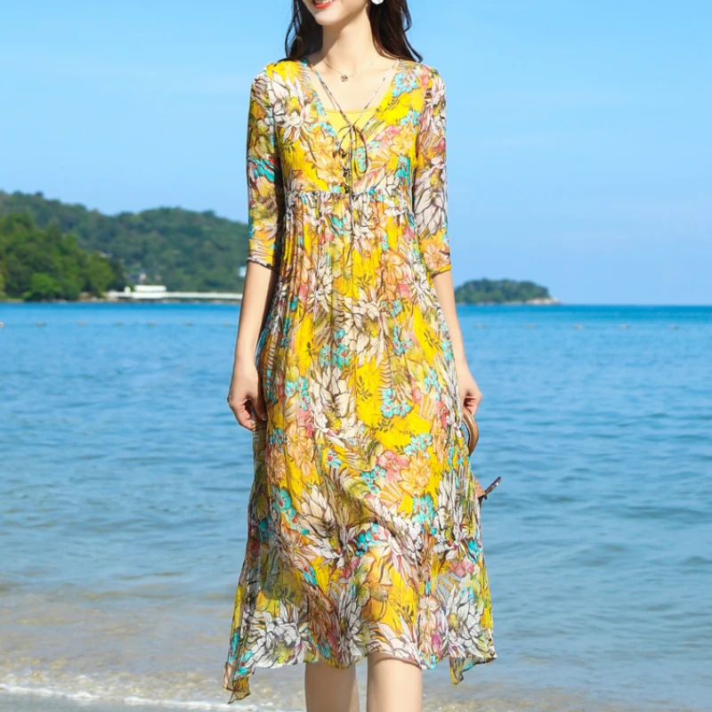Женское летнее шелковое платье с цветочным принтом Длинное Элегантное тонкое