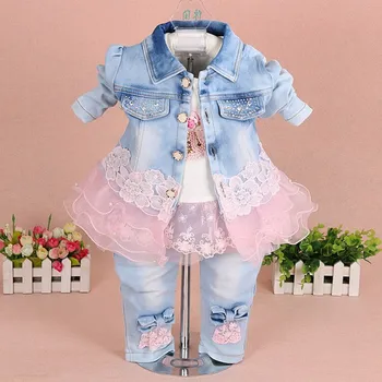 

Anlencool 2020 Autumn new children's clothing girls denim three-piece fashion baby suit Korean mesh lace children's suit girls