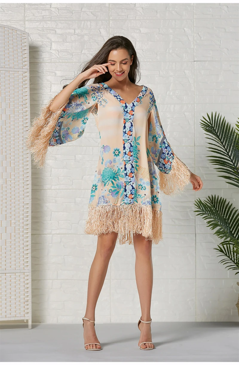Lossky Платье женское элегантное Vestidos Bohemia Tassel сшитое модное мини-платье с принтом летняя и осенняя пляжная одежда женское платье