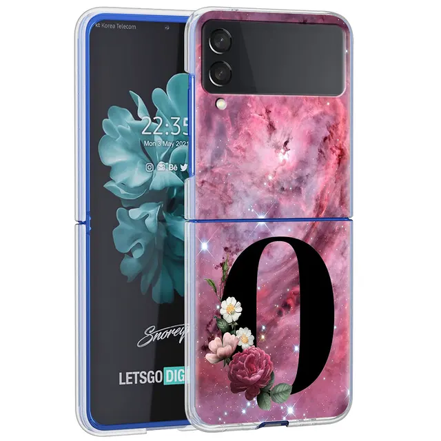Letter A B Flowers Pink Case For Samsung Galaxy Z Flip 3 5G Transparent Hard Cell Phone Cover ZFlip3 Clear PC Luxury Fundas H15