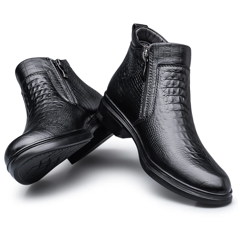 Quality Cow Leather Business Men's Boots Autumn Winter Warm Fur