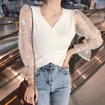 

B 2020 Sexy Sweater Women Mesh Stitching Wild Cross Hollow Knitwear Long Sleeved V Collar Sweaters Short Tops Pull Femme jumper
