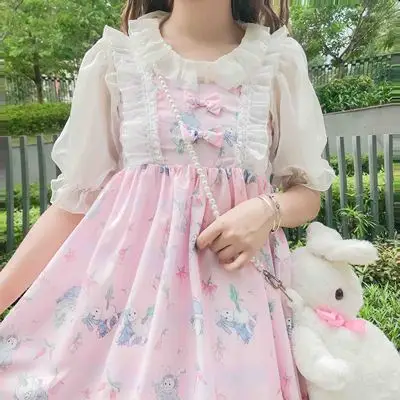 Милое японское платье в стиле Лолиты; мягкое платье для сестры; милое платье в стиле Лолиты с принтом кролика; платье на бретельках для девочек - Цвет: Pink Sleeveless