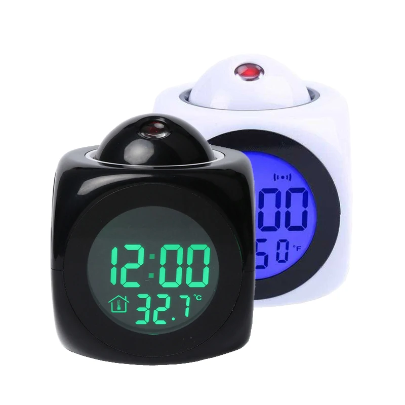 Cube Voice Control Wooden Clock Digital LED Desk Table Alarm Clock Thermometer USB Projection LED D