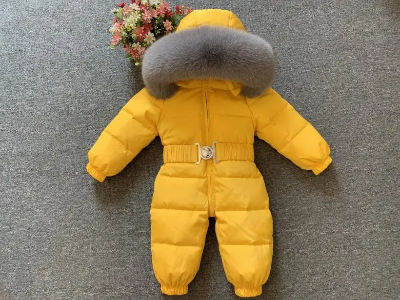 Luxury Large Real Fur Collar Infant Baby Snowsuit Thick Warm Down Rompers Hooded Toddler Boys Girls Jumpsuit One-pieces Ski Suit - Цвет: Цвет: желтый